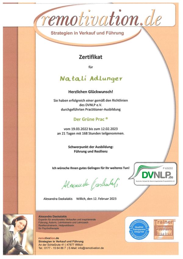 Zertifikat NLP-Practitioner (DVNLP) von Natali Adlunger – zum Vergrößern anklicken