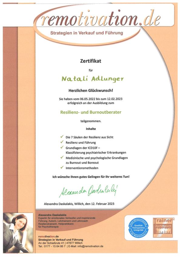Zertifikat Resilienz- und Burnoutberater von Natali Adlunger – zum Vergrößern anklicken